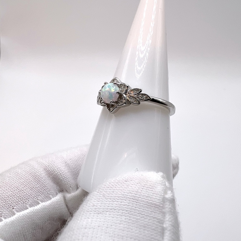 .925 Sterling Silver Lab Created White Opal Floral Ring - Picture 9 of 16